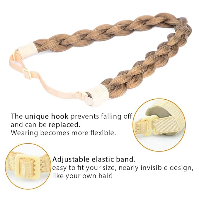 DIGUAN Chubby Narrow Synthetic Hair Braided Headband Classic Chunky Plaited Braids Elastic Stretch Hairpiece Women Girl Beauty accessory, 58g (Caramel Brown)