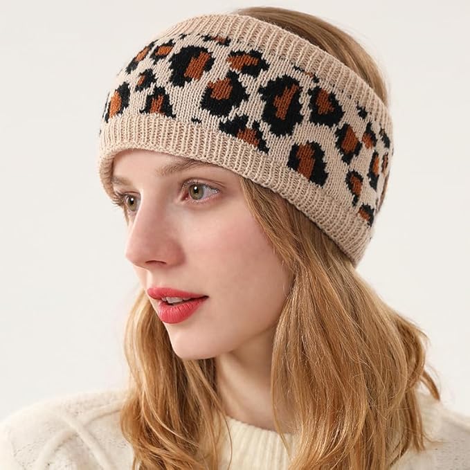 Women Leopard Knit Headband,Warm Sports Headscarf,Soft Stretchy Wide Hair Band,Fashion Accessories for Daily Wear,2PCS Sets