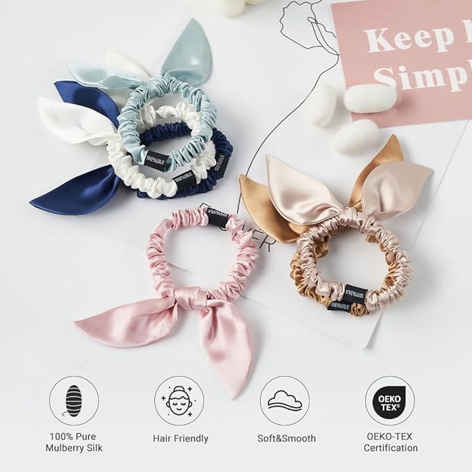 THXSILK Hair Silk Scrunchies with Bow for Women Pure Mulberry Silk Hair Cute Ring Ties Scrunchies for Girls Women's Thick Hair, Charcoal, 2.8"