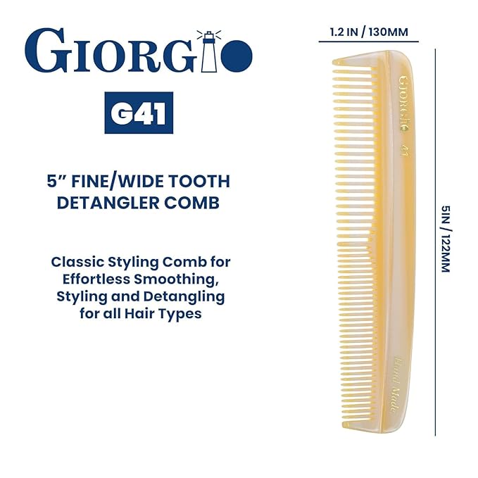 Giorgio G41 Fine and Wide Tooth Pocket Comb - Hair Styling for Men and Women, Handmade Beard and Mustache Grooming, Barber Comb, Saw Cut and Polished for Travel