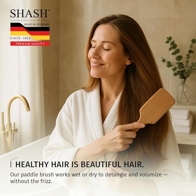 Made in Germany - SHASH Paddle Hair Brush for Hair Extensions, Thick And Curly Hair - Detangler With Long Pins & Rubber Cushion - Helps Detangle Knots, Eliminate Frizz, Reduce Pulling & Snagging