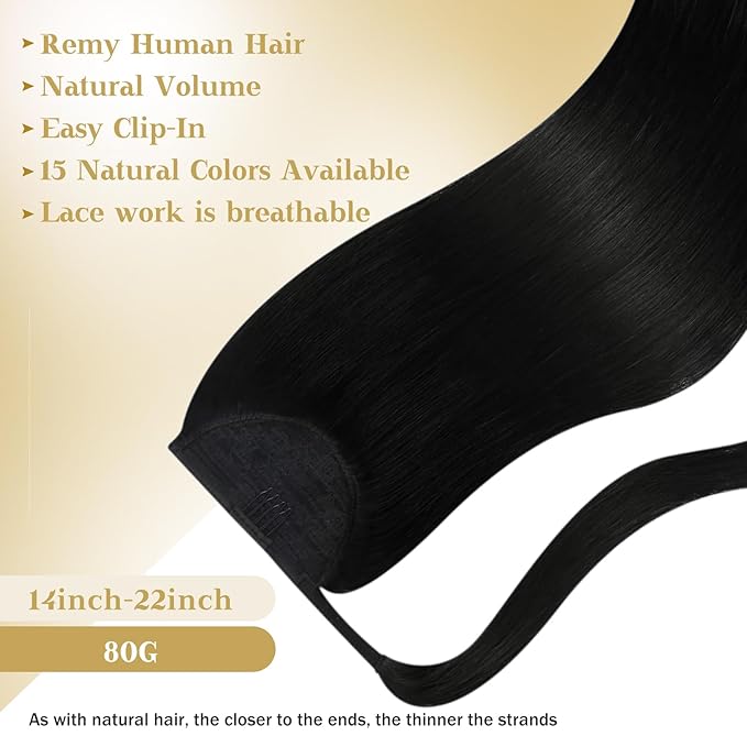 Ve Sunny Hair Extensions Ponytail Real Human Hair Wrap Around Clip in Ponytail Hair Extensions Straight Extensions Human Hair for Women Jet Black 22inch 80G