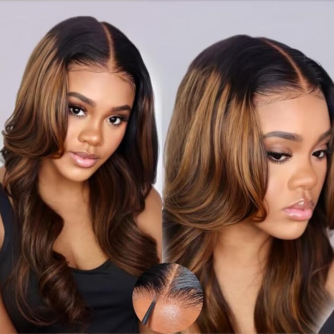 KLAIYI Bye Bye Knots Glueless Wig Ombre Brown Body Wave Pre Cut 7x5 HD Lace Front Wigs Human Hair Pre Plucked Pre Bleached Pre Everything Wear and Go Wig 12A Highlight Balayage 3S Ready To Wear 20Inch