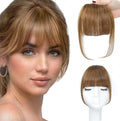 ORIGEN Clip in Bangs Real Human Hair Clip on Wispy Bangs Fringe with Temples Hairpieces Fake Front Bangs Extensions for Women Light Brown Color