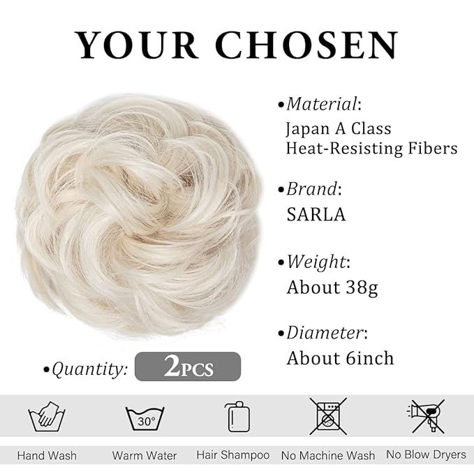 SARLA 2PCS Messy Hair Bun Hair Pieces Wavy Curly Synthetic Updo Fake Scrunchies Ponytail Extension for Women Platinum Blonde