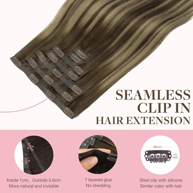 GOO GOO Clip in Hair Extensions Real Human Hair, Remy Human Hair Extensions Clip ins for Women, Natural Human Hair, 18inch 110g 7Pcs, 4/26/4 Balayage Chocolate Brown to Honey Blonde