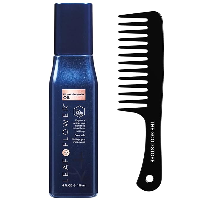 Leaf Flower Phyto-Molecular Oil 4 oz & The Good Store Wide Tooth Comb Detangles Wet or Dry Hair