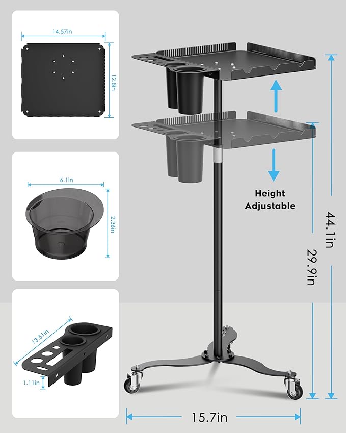 Salon Tray on Wheels,Metal Tray Rolling Cart with 2 Magnetic Bowls,Tattoo Tray, Salon Station with Hairstylist Holder and Hair Separator Stand,Multi-Function Adjustable with Wheels