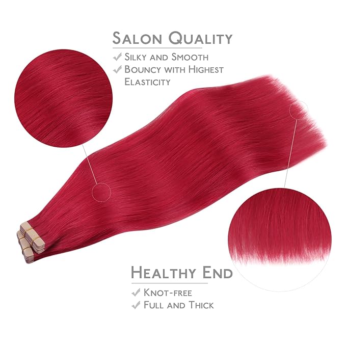 WENNALIFE Tape in Hair Extensions, 40pcs 100g 22 Inch Red Human Hair, Straight Invisible Reusable Real Extensions