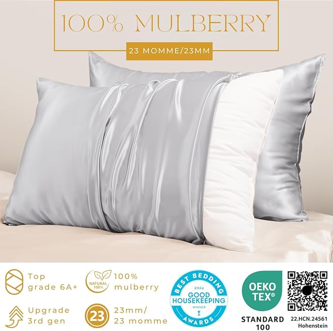 PROMEED 100% Mulberry Toddler Silk Pillowcase for Baby Hair and Skin, Premium Grade 6A+ 23 Momme Travel Silk Pillow Cases 13 x 18 with Free Laundry Bag (Toddler/Travel 13"x18", Light Grey)