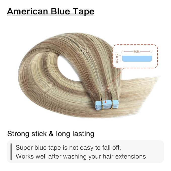 SUYYA Tape in Hair Extensions Human Hair Ash Blonde Highlighted Bleach Blonde 20 Inch 50g/pack 20pcs Straight Seamless Skin Weft Tape in Real Human Hair Extensions(20inch #P18/613)