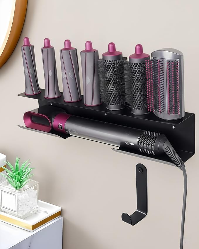 Dyson Airwrap Holder, Aluminum Dyson Airwrap Wall Mount Black with 7 Custom Slots & Cable Hook, Dyson Organizer Wall Mounted for Bathroom BANJEKT