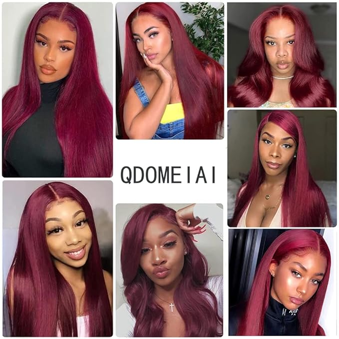 Burgundy 99J Lace Front Wigs Human Hair Pre Plucked Wine Red 13x4 Straight Lace Frontal Wig with Baby Hair for Black Women 150% Density Wig Colored Brazilian Virgin Hair Wig 14 Inch