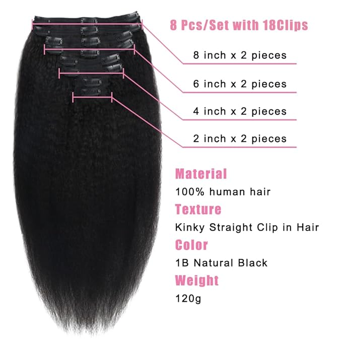 Kinky Straight Human Hair Clip in Extensions 120g Full Head Clip ins for Women 100% Unprocessed Brazilian Virgin Human Hair Yaki Straight Clip ins Remy Hair Natural Black 8Pcs 18Clips 16inch
