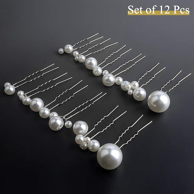 U Shaped Pearl Hair Pins for Wedding, Elegant Updo Hair Accessories for Bridal or Women, Set of 12 (Silver)