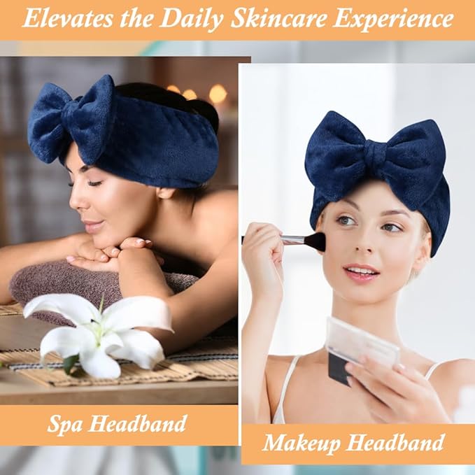 Shintop Face Wash Headband, Soft Spa Headband Carol Fleece Makeup Headwear with Cute Bow Elastic Hairband for Skincare Facial Mask Showers（Navy blue）
