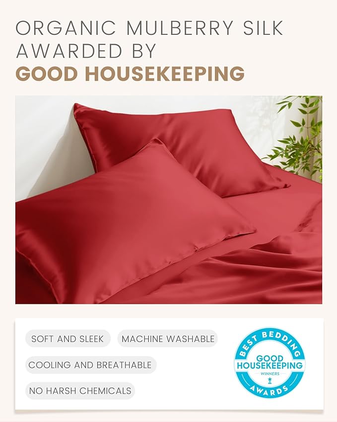 THXSILK 100% Pure Mulberry Silk Pillowcase for Hair and Skin, Highest 6A+ Grade Silk Pillow Case Standard Size, Real Silk Pillowcase with Zipper (Red, Standard Size 20"x26")