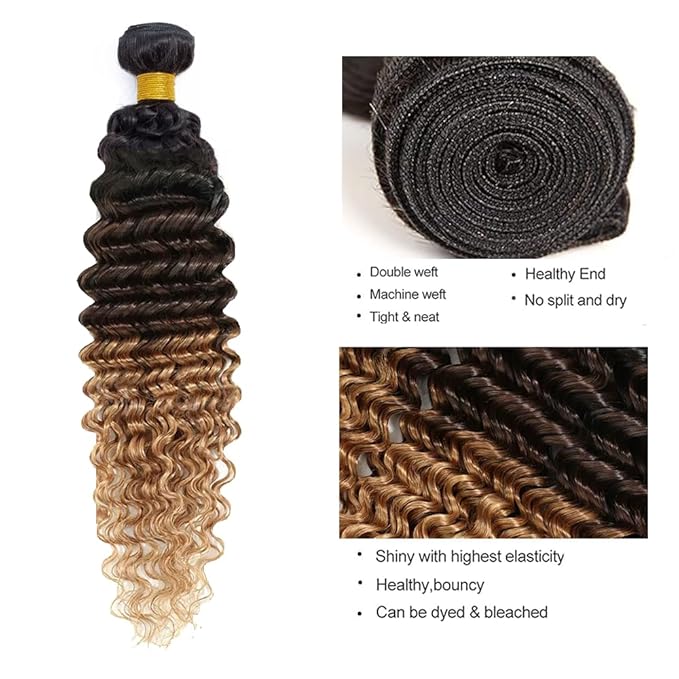 Ombre Human Hair Bundles 1B427 Deep Wave Bundles Niegmeag Virgin Remy Hair 3 Bundles 26 28 30 Inch Double Weft 3 Tone Brown and Honey Blonde Deep Wave Bundle
