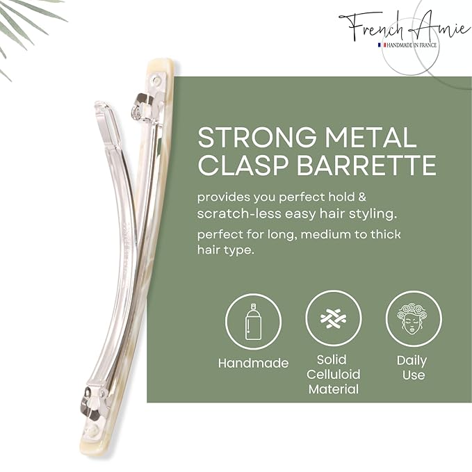French Amie Long and Thin Large 4" Handmade Celluloid Hair Barrette Clip for Girls Automatic Strong Hold Hair Clips for Women No Slip Durable Paris Hair Accessories, Made in France (Cream Nougat)