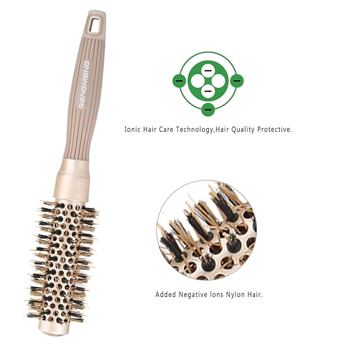 Round Brush with Boar Bristles, 1 inch Barrel, Nano Thermal Ceramic Ionic Tech for Straightening and Blow Drying, Gold
