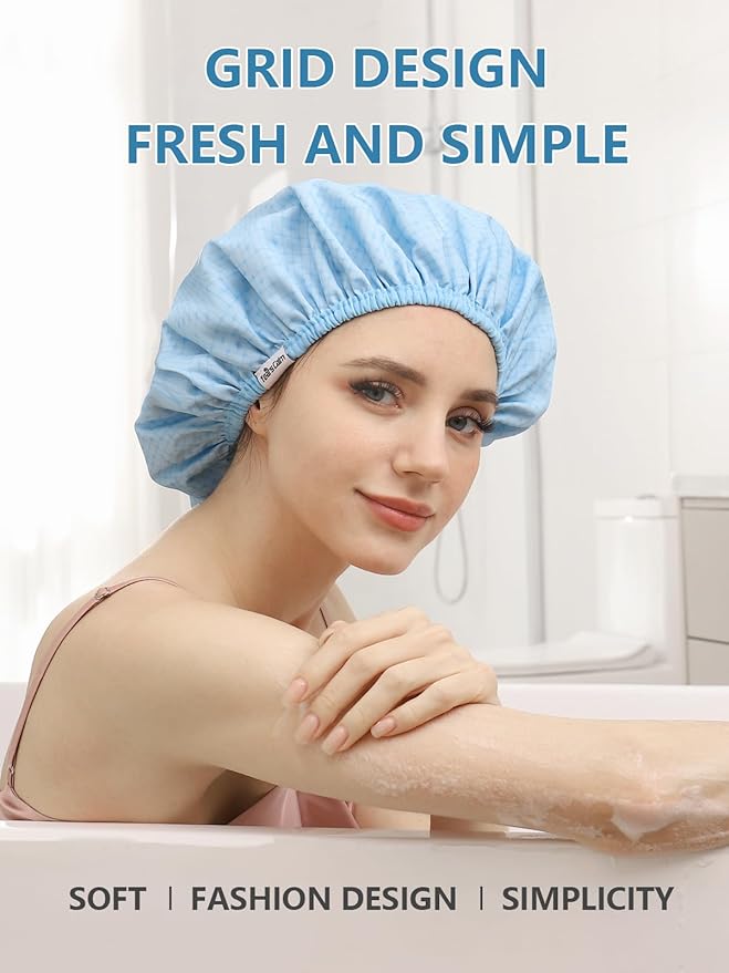 Years calm Shower Caps For Women Reusable Waterproof，Pattern And Solid Color Dual-Layer Design For Dual-Layer Usable，Protects Hair In Shower, Spa, Cooking, Clean & Travel (Blue, One Size)