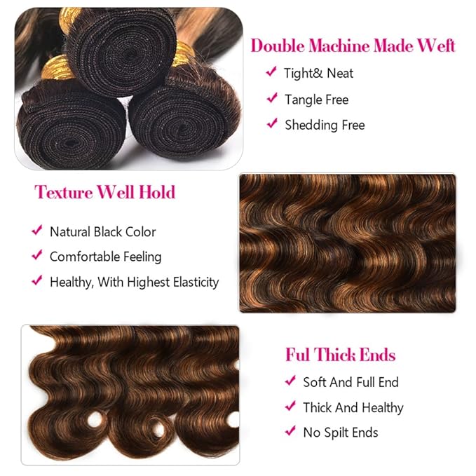 Light Brown Body Wave Bundles Human Hair Ombre Brown Bundles 26 28 30 Inch Niegmeag Brazilian Virgin Remy Hair Extensions Double Weft Highlight P1B30 Body Wave Bundle Hair Weave