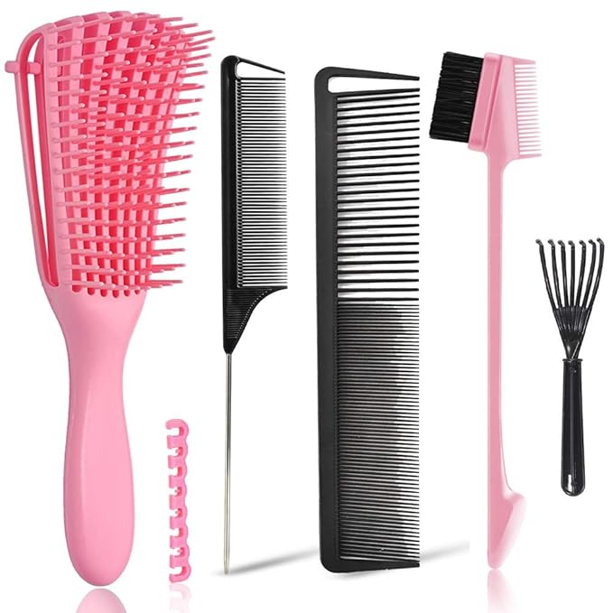 EZ Detangler Brush with Edge Brush, Rat Tail Combs Set for Natural, Curly, Wet/Dry, Black Hair, Flex Detangling Brush set for Hair Style and Cuting, No Pain and Easy Clean in Daily Use（Pink + Black)