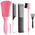 EZ Detangler Brush with Edge Brush, Rat Tail Combs Set for Natural, Curly, Wet/Dry, Black Hair, Flex Detangling Brush set for Hair Style and Cuting, No Pain and Easy Clean in Daily Use（Pink + Black)