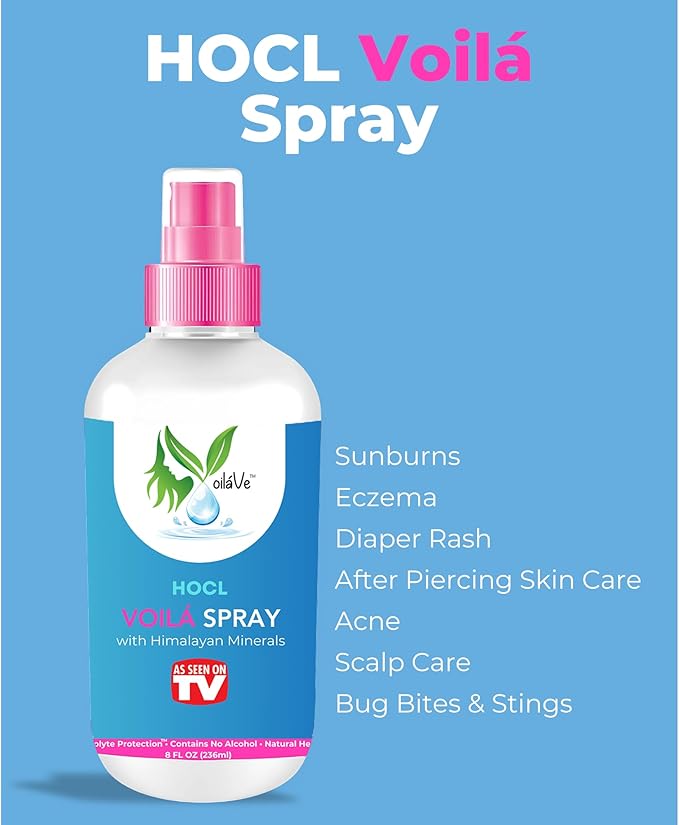VoilaVe HOCL Spray | Hypochlorous Acid Spray for Skin | HOCL Face & Body Mist Toner for Acne, Scars, Redness, Irritations, Itchy Scalp & Piercing Aftercare | As Seen on TV – 8oz (Packaging May Vary)