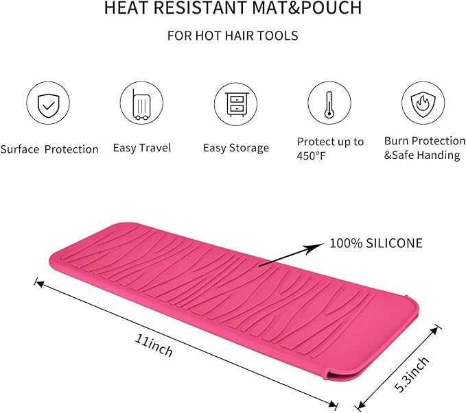 Silicone Heat Resistant Travel Mat Pouch for Hair Styling Tools (Hot Pink, 1 Pack)