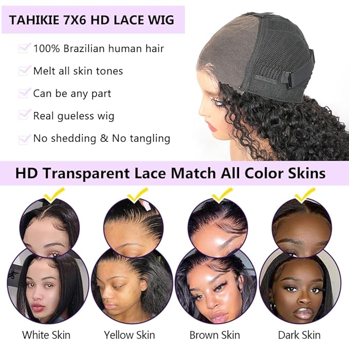 7x6 Burmese Curly Glueless Wigs Human Hair Pre Plucked Pre Cut 250% Density Drawstring Wig Human Hair 7x6 HD Lace Front Wigs Human Hair for Black Women Wear and Go Glueless Wig Natural Color 30inch