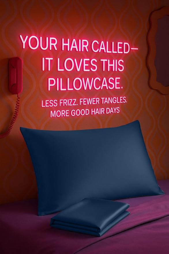 BLISSFORD Satin Pillowcase with Zipper, for Hair and Skin Care, Feels Soft and Cool Like a Silk Pillowcase, Satin Pillow Cases 2 Pack, Slik Pillow Cover, Navy - King Size, Set of 2