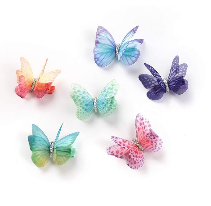 6Pcs/pack 3D Colorful Organza Butterfly Hair Clips - Chiffon Fairy Wings - Ribbon Wrapped Clips 0.4Inch Barrettes Hair Accessories For Women(Multicolor3)