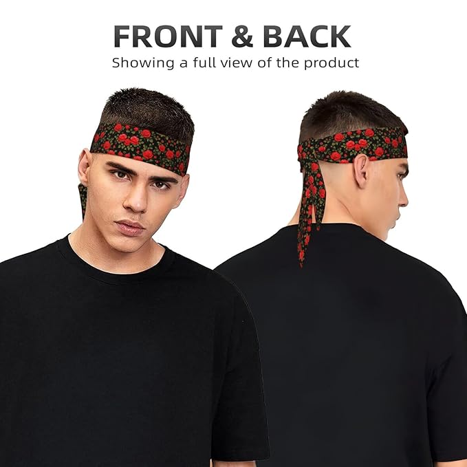 Boys Girls Sports Sweatbands, Multipurpose Long Head Band for Yoga Fitness Shower, Fashion Floral Flowers Black Red Roses Headwear Head Decor