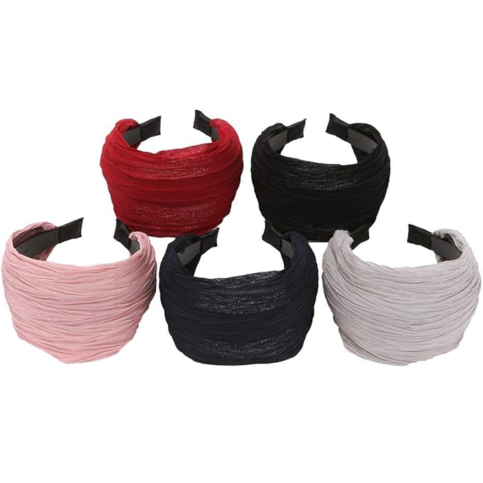 LONEEDY 5 Pack Wide Hard Headband with Teeth for Women, Girls’s Hair Band Pleated Cloth Fabric Hair Hoop Accessories (Mixed colors A)
