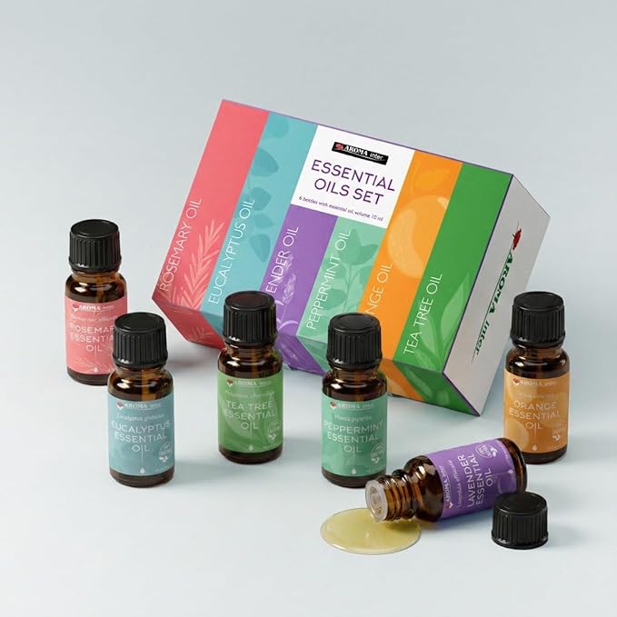 Essential Oils Set – 100% Pure Natural Oils, 6-Pack (10 ml) – Lavender, Peppermint, Tea Tree, Rosemary, Eucalyptus, Orange – Ideal for Diffusers, Humidifiers, Massage, Soap & Candle Making