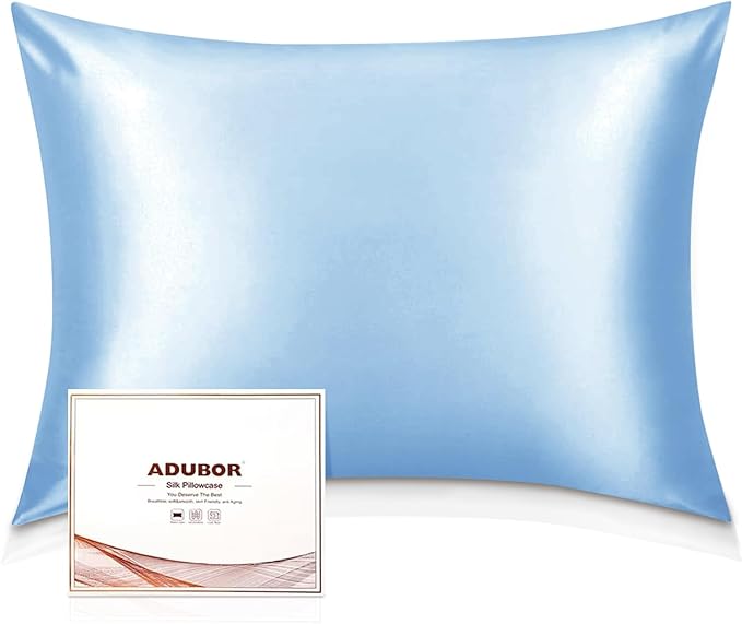 Adubor 100% Mulberry Silk Pillowcase for Hair and Skin with Hidden Zipper, Both Side 23 Momme Silk, 900 Thread Count (20x26inch, Standard Size, Sky Blue, 1pc)
