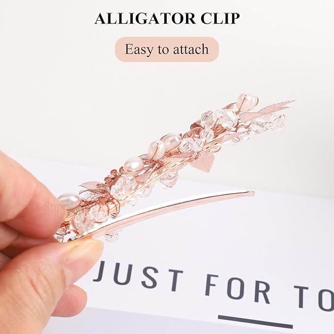 Floral Crystal Pearl Alligator Hair Clip and Rhinestone Bobby Pins, Elegant Hair Accessories for Bridal Women in Wedding or Prom, Set of 3 (Silver)