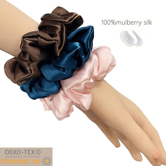 Suncdelv Silk,100% Silk Scrunchies for Hair,22 Momme Hair Ties for Anti-Crease & Breakage,Natural Women Hair Accessories，Fashion Hairbands 3PCS（Pink, gemstone, brown）
