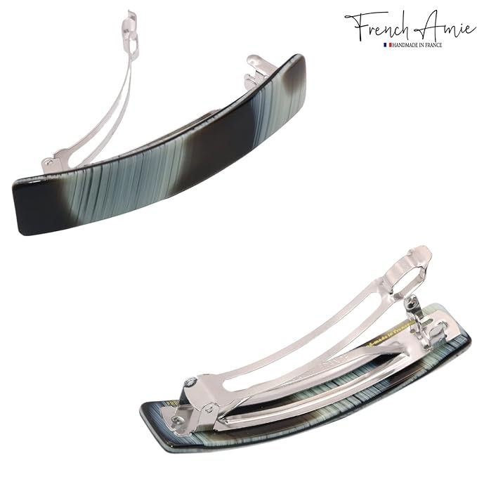 French Amie Oblong Handmade 3.5" Celluloid Automatic Hair Clip Barrette French Hair Clip for Girls Strong Hold Hair Clips for Women No Slip Durable Paris Hair Accessories, Made in France (Ivory Black)