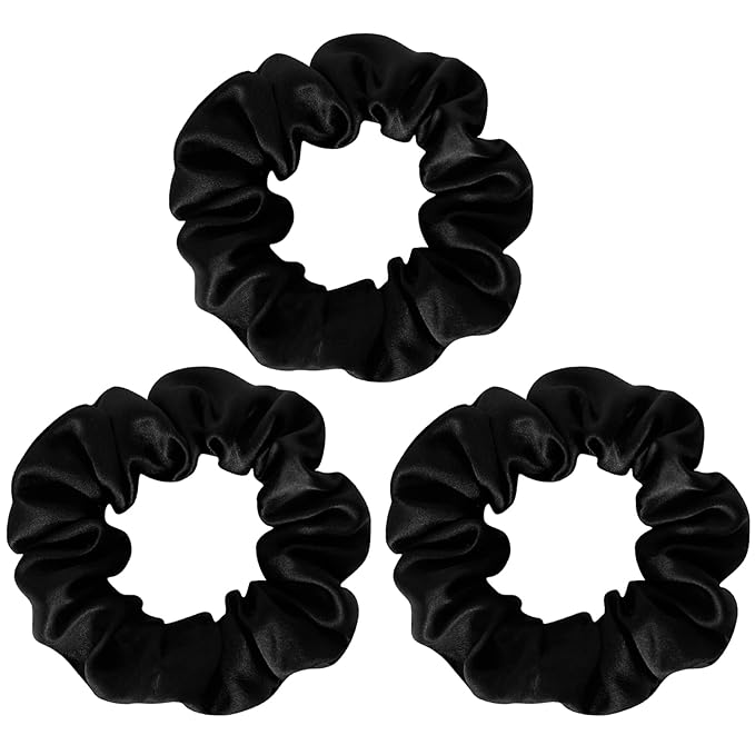 Black Silk Scrunchies for Women 100% Mulberry Silk Hair Ties for Night Sleep Scrunchies for Girls No Damage & Frizz Prevention for Hair Hair Accessories-3pack