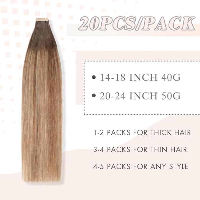Human Hair Tape in Extensions, Chestnut Brown to Light Brown Mixed Light Blonde Hair Extensions Real Human Hair 20 Inch 20pcs Remy Straight Tape ins Invisible Tape in Hair (2/6/18K#,20 Inch)