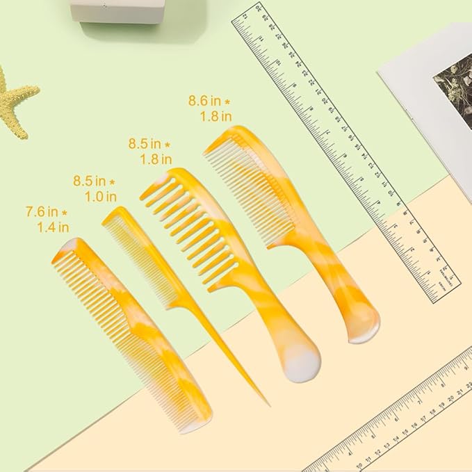 Yellow Hair Styling Combs Set - Wide-Tooth, Fine-Tooth, Rat Tail, and Dual Comb for Men and Women