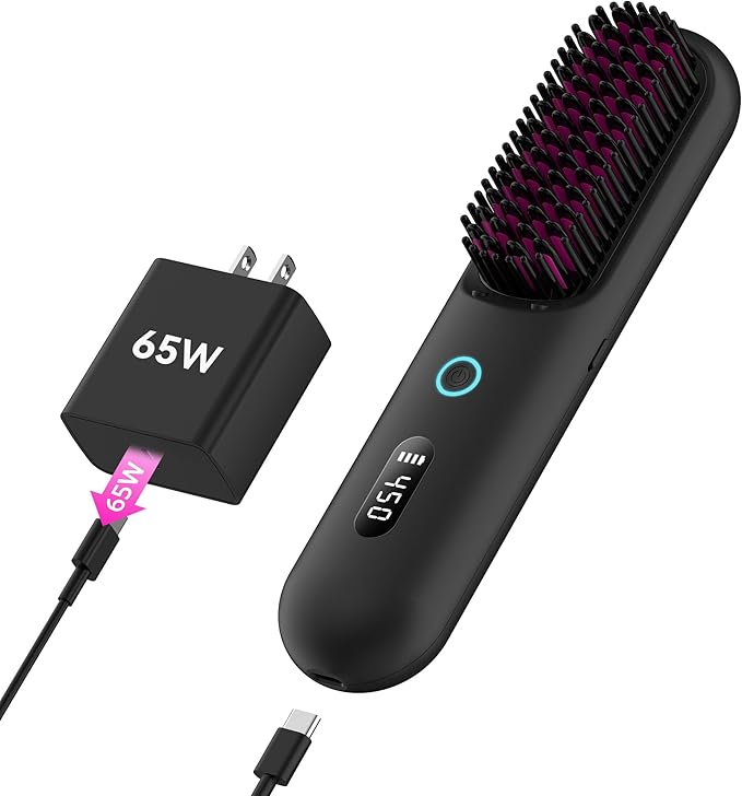 Cordless Hair Straightener Brush – Portable Ionic Hot Comb with 65W Fast Charger, Mini Travel Hair Straightening Brush for Women, Lightweight for Home Or On-The-Go Styling (Black)