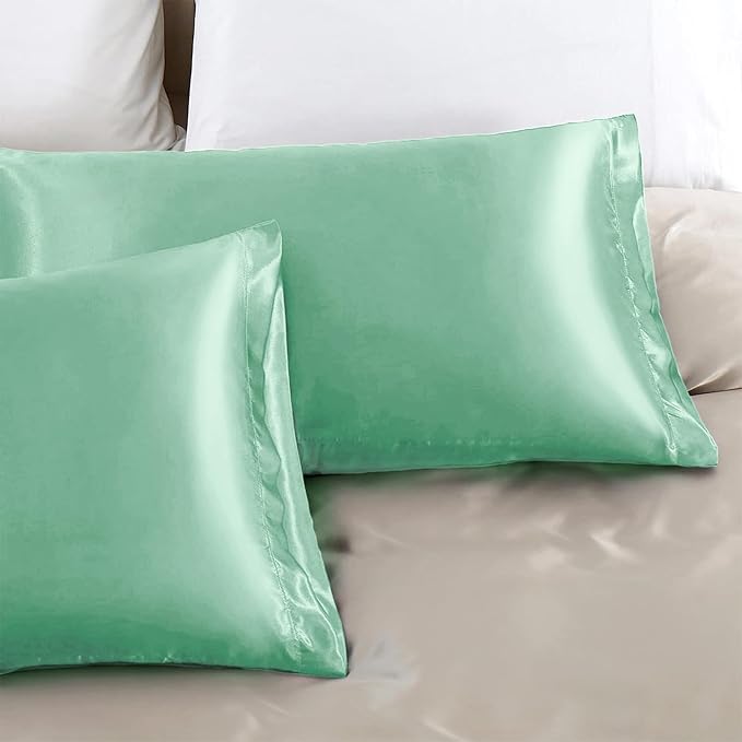 Aormenzy Satin Pillow Cases for Women Queen Size Set of 2, Mint Green Satin Pillowcase for Hair with Envelope Closure Silky Pillow Covers Wrinkle, Fade Resistant (20x30 Inches)