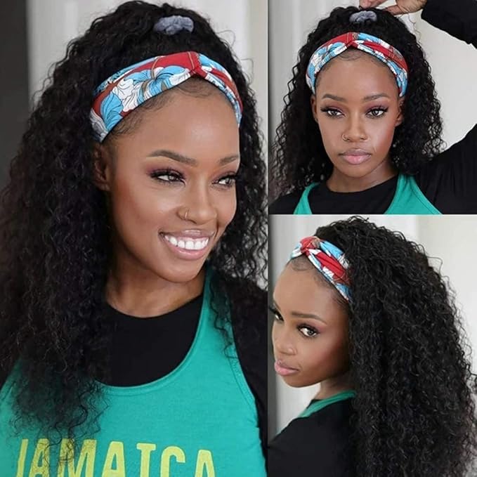 KLAIYI Headband Human Hair Wig Water Wave Curly Non Lace Front Wigs for Black Women Deep Wave Glueless Wear and Go Half Wig with Band 30S Ready to Wear Beginner Friendly 180% Natural Hairline 18Inch