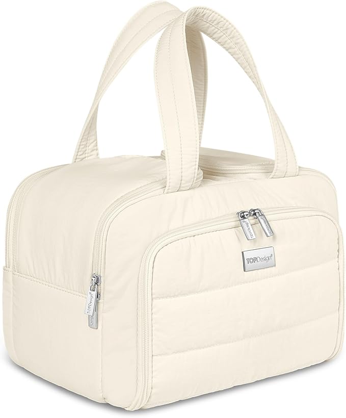 TOPDesign Travel Toiletry Bag for Women, Puffer Large Toiletry Bag, Lightweight Cosmetic Makeup Organizer with Handle for Traveling, Accessories, Essentials, Toiletries (Ivory White)