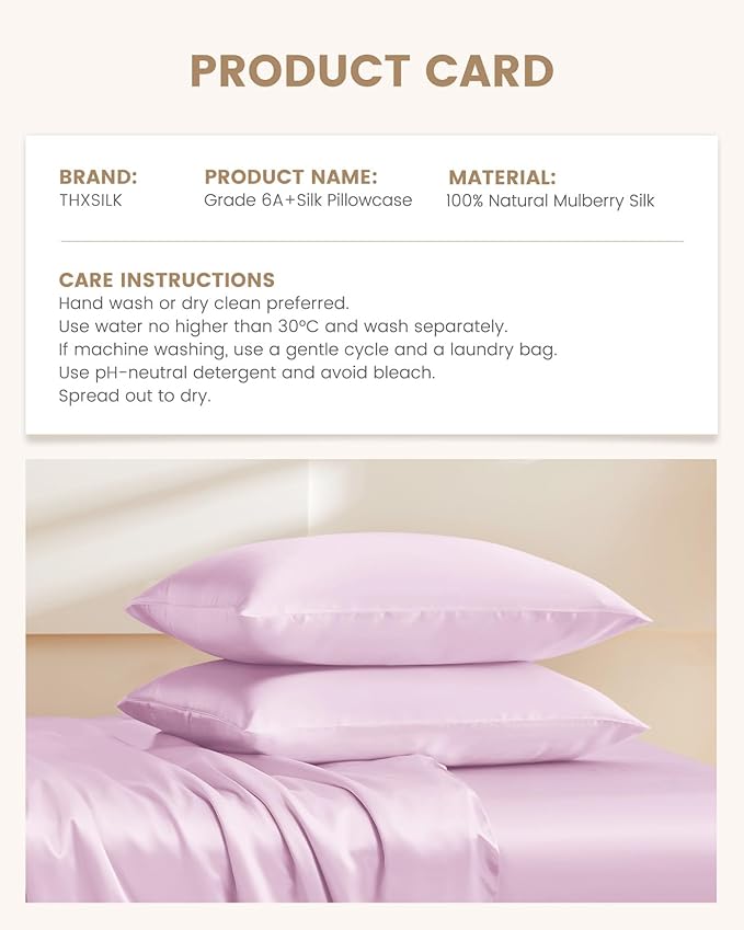 THXSILK 100% Mulberry Silk Pillowcase for Hair and Skin, Grade 6A+ Mulberry Silk Pillow Case, Natural Silk Pillow Case Cover with Zipper, 1pc(California King Size 20"x40", Light Purple)