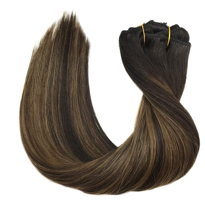 GOO GOO Clip in Hair Extensions Real Human Hair, Remy Human Hair Extensions Clip ins for Women, Natural Human Hair, 26inch 135g 7Pcs, 2/6/2 Balayage Dark Brown to Chestnut Brown
