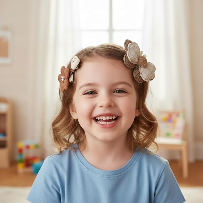 Hair Clips for Baby Girls-8 Pcs Beige Hair Accessories with Knitted Flower, Bow, Butterfly Designs-Soft Wool and Crochet Hairpins-Non-Slip Barrettes for Daily and Occasional Wear (Design 5-8pc Set)